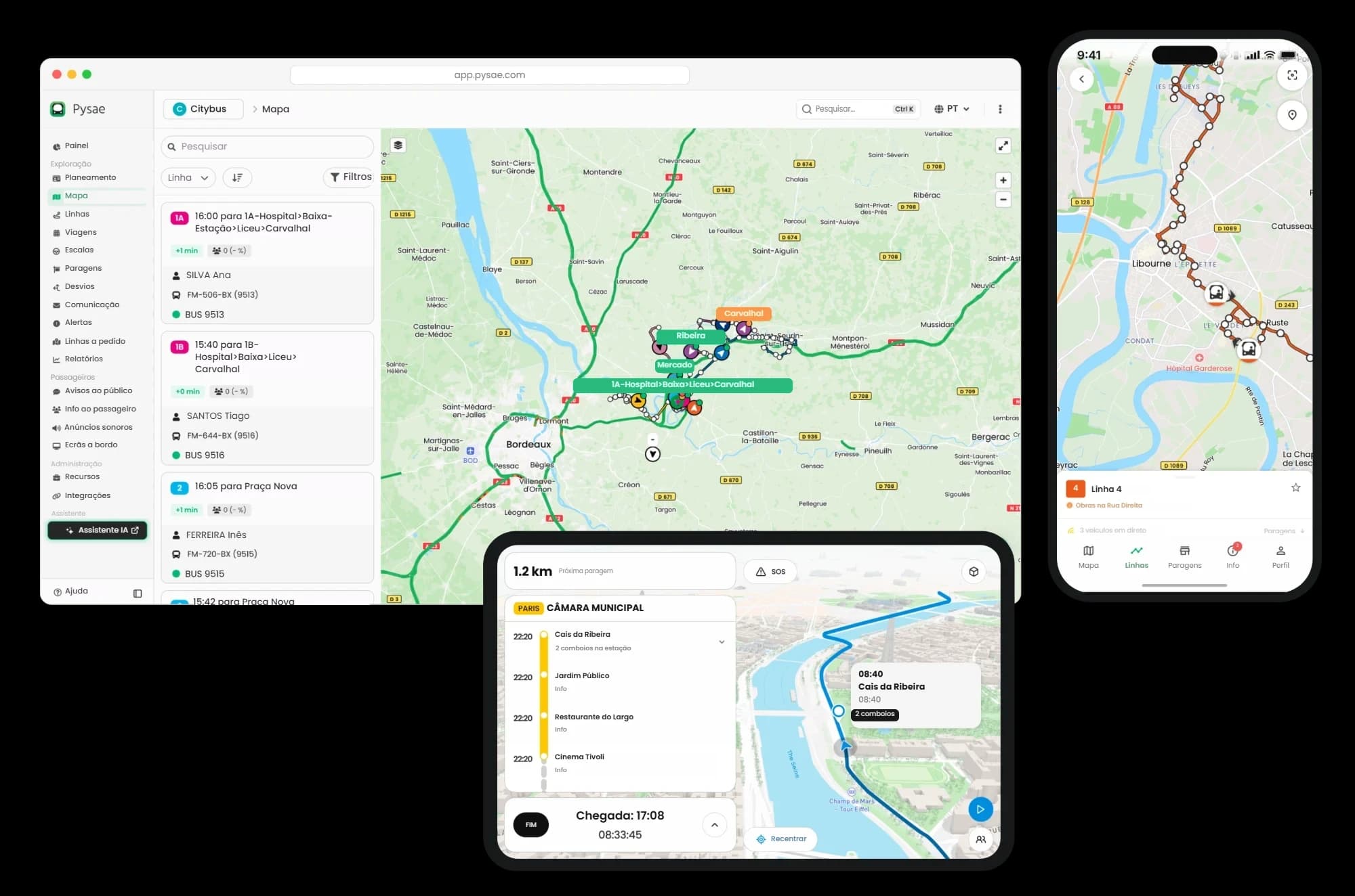 Mapa do back-office Pysae, app do motorista e app de passageiros